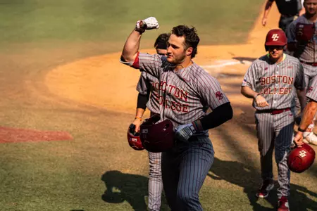 Joe Vetrano celebrates his second home run vs. Nicholls.
