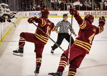 Colby Ambrosio celebrates a goal with Charlie Leddy vs. Northeastern