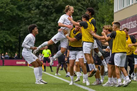 Jonathan Murphy celebrates his first career goal against Merrimack