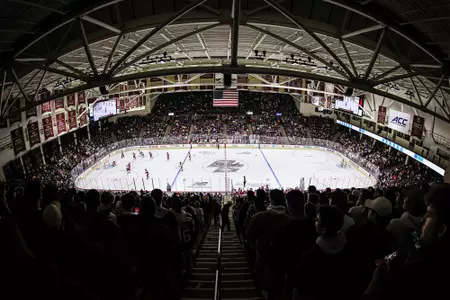 Wide shot from center ice of Conte Forum