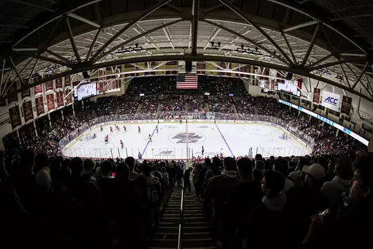 Wide shot from center ice of Conte Forum