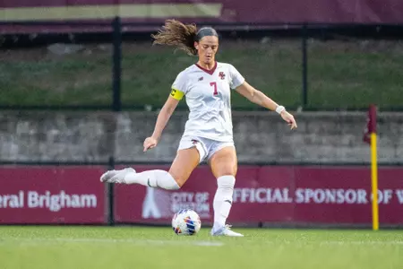 Claire Mensi taking a free kick against Dartmouth