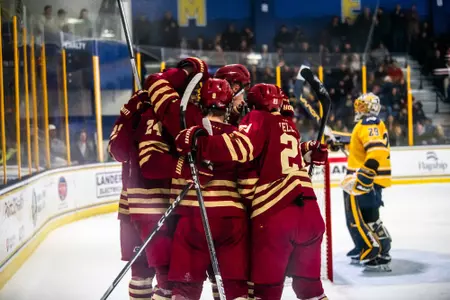 BC players celebrate a second-period goal.