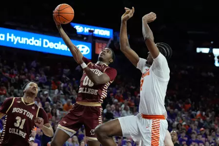 Boston College's Chas Kelley III drives to the basket at Clemson