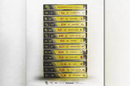 Graphic image of 2024 BC football schedule displayed on VHS tapes.