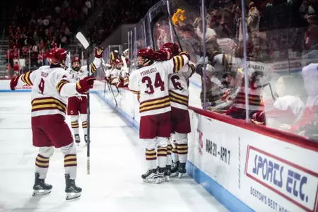 The Eagles celebrate Will Smith's third-period goal.