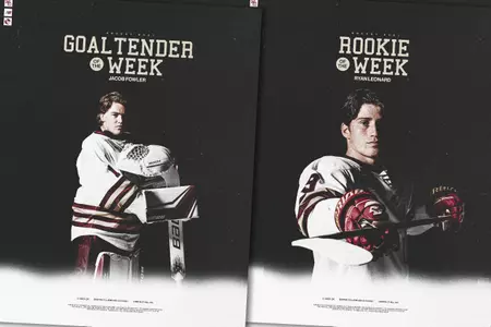Graphic image ft. Hockey East weekly award winners Jacob Fowler (goaltender) and Ryan Leonard (rookie).