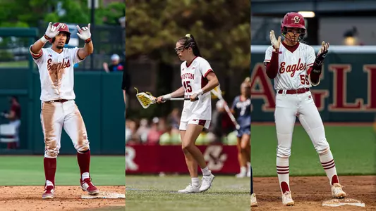 Collage of baseball player, lacrosse player, and softball player