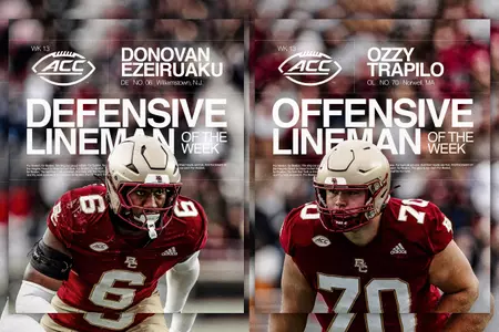 Graphic ft. Donovan Ezeiruaku and Ozzy Trapilo w/ text "ACC Defensive Lineman of the Week, ACC Offensive Lineman of the Week".