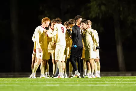 Men's Soccer huddle vs. Stony Brook