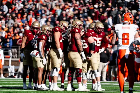 A picture of the offense in the huddle