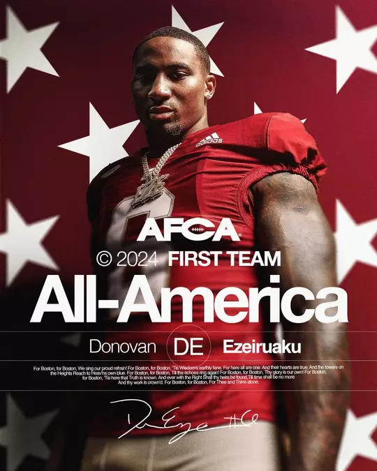 Graphic ft. Donovan Ezeiruaku w/ text "AFCA All-America First Team"