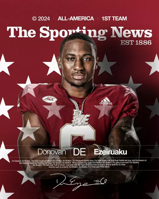 Graphic ft. Donovan Ezeiruaku w/ text "Sporting News All-America First Team"