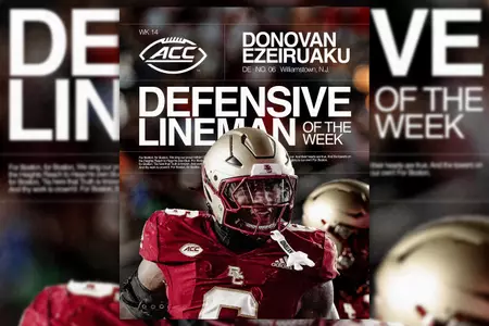 Graphic ft. Donovan Ezeiruaku w/ text "ACC Defensive Lineman of the Week".
