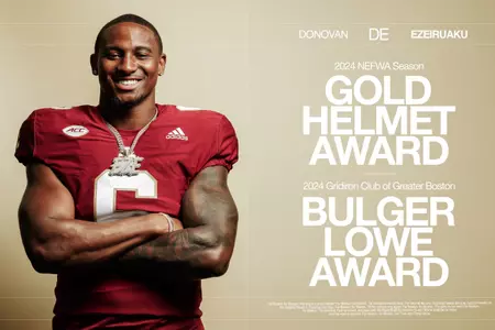 Graphic ft. Donovan Ezeiruaku w/ text "Bulger Lowe Award and Season Gold Helmet Award Winner".