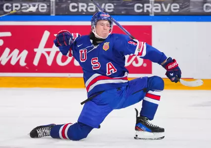 GOTHENBURG, SWEDEN - DECEMBER 31: Ryan Leonard #9 of USA celebrates his second period goal against Slovakia in Preliminary Round - Group B action at the 2024 IIHF World Junior Championship at Frolundaborg on December 31, 2023 in Gothenburg, Sweden. (Photo by Chris Tanouye/IIHF)