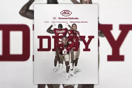Graphic ft. Donovan Ezeiruaku w/ text "ACC Defensive Player of the Year"