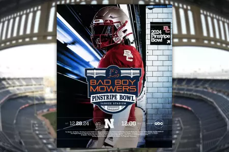 Graphic ft. BC football player in New York City Subway w/ text "Bad Boy Mowers Pinstripe Bowl, December 28, 2024"