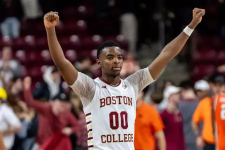 Chas Kelley III celebrates after BC's 80-75 win over Syracuse