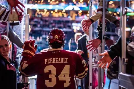 Gabe Perreault walks out the tunnel ahead of the Eagles' first Beanpot game at the garden on February 5.