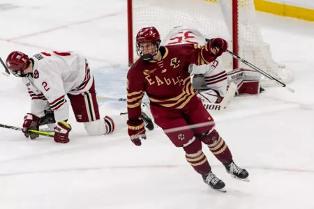 Oskar Jellvik raises his stick in celebration of a second-period goal vs. Harvard at TD Garden.