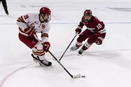 Cutter Gauthier carries the puck vs. UMass.
