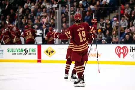 Cutter Gauthier celebrates his second goal at New Hampshire.