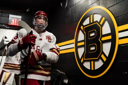 Drew Fortescue walks out of the Bruins tunnel to take the ice vs. UMass at TD Garden.