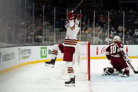 Ryan Leonard celebrates a goal vs. UMass at TD Garden.