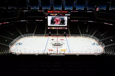 The full ice of the Xcel Energy Center as seen from above.