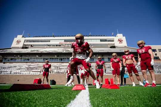 BC players go through warm-ups inside Alumni Stadium.