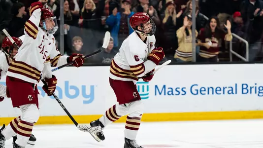 Will Smith and Ryan Leonard celebrating a goal in HEA Championship vs. BU