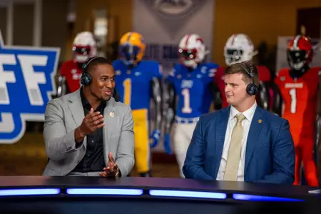 Donovan Ezeiruaku and Drew Kendall on the ACCN set at ACC Kickoff.