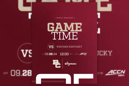 Game Time Announcement Graphic with text "Saturday, 9/28 vs. Western Kentucky, Noon, ACC Network".