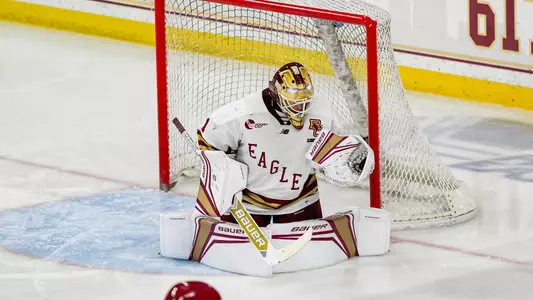 Jacob Fowler making save against Merrimack