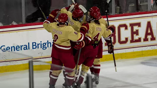BC celebrates power play goal against Providence
