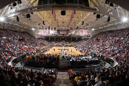 Wide shot of Conte Forum during a mens basketball game