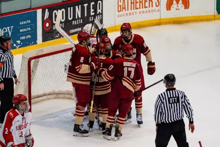 Men's Hockey celebrates goal against RPI