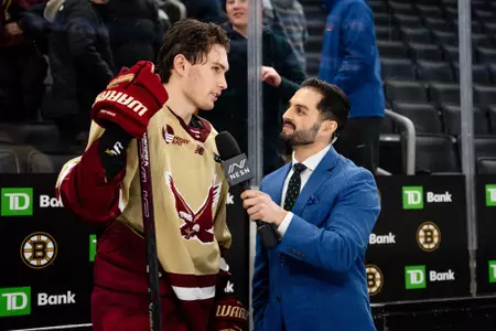 Teddy Stiga talking to NESN at the Beanpot