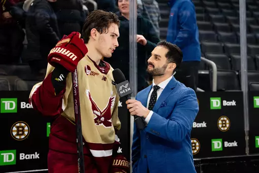 Teddy Stiga talking to NESN at the Beanpot