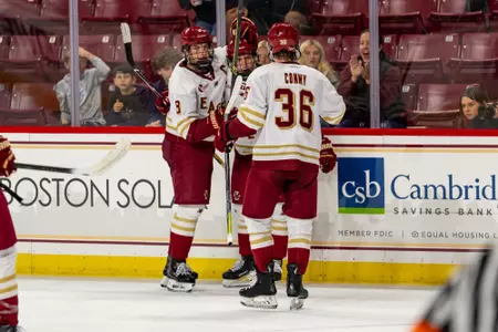 Men's Hockey celebrating goal against Quinnipiac