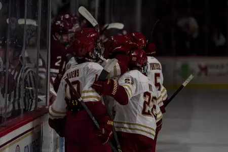 Eagles celebrate Will Traeger goal against UMass