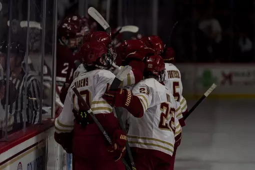 Eagles celebrate Will Traeger goal against UMass