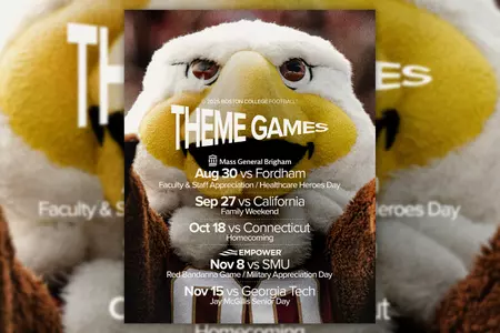 2025 Theme Days Graphic: Aug. 30 vs. Fordham (Faculty & Staff Appreciation/Healthcare Heroes Day), Sep. 27 vs. California (Family Weekend), Oct. 18 vs. Connecticut (Homecoming), Nov. 8 vs. SMU (Red Bandanna Game/Military Appreciation Day), Nov. 15 vs. Georgia Tech (Jay McGillis Senior Day).