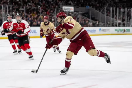 Eamon Powell takes a shot vs. Northeastern at TD Garden in the Beanpot Semifinals.
