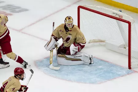 Jacob Fowler turns away a shot vs. Northeastern at TD Garden in the Beanpot Semifinals.
