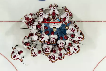 Team huddle in Hockey East quarterfinal