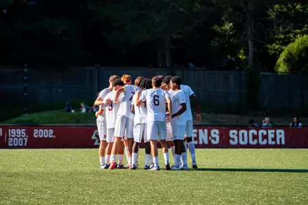 Men's Soccer huddle during scrimmage against Fairfield