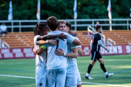 Men's Soccer celebrates goal against Fairfield