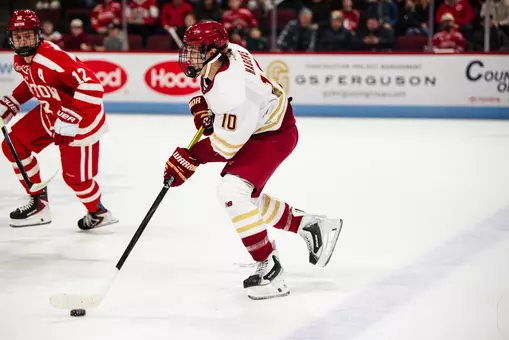 James Hagens with the puck against BU